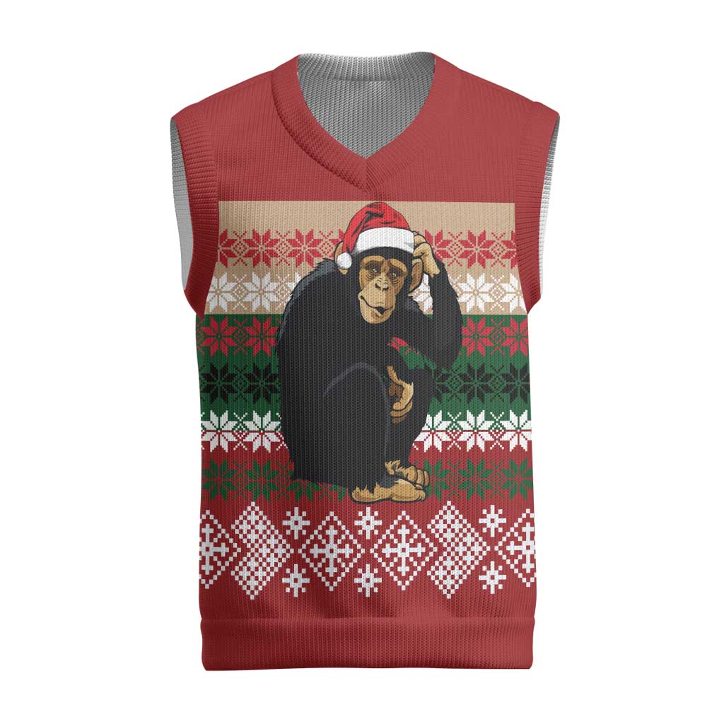 Chimpanzee Christmas Knitted V-Neck Vest Chimpanzee Wearing Santa Hat - Red Green Snowflake - Wonder Print Shop