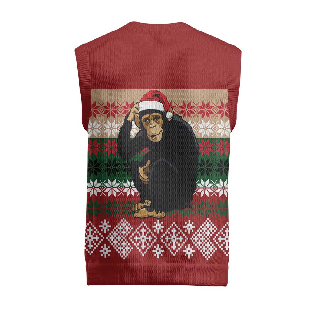 Chimpanzee Christmas Knitted V-Neck Vest Chimpanzee Wearing Santa Hat - Red Green Snowflake - Wonder Print Shop