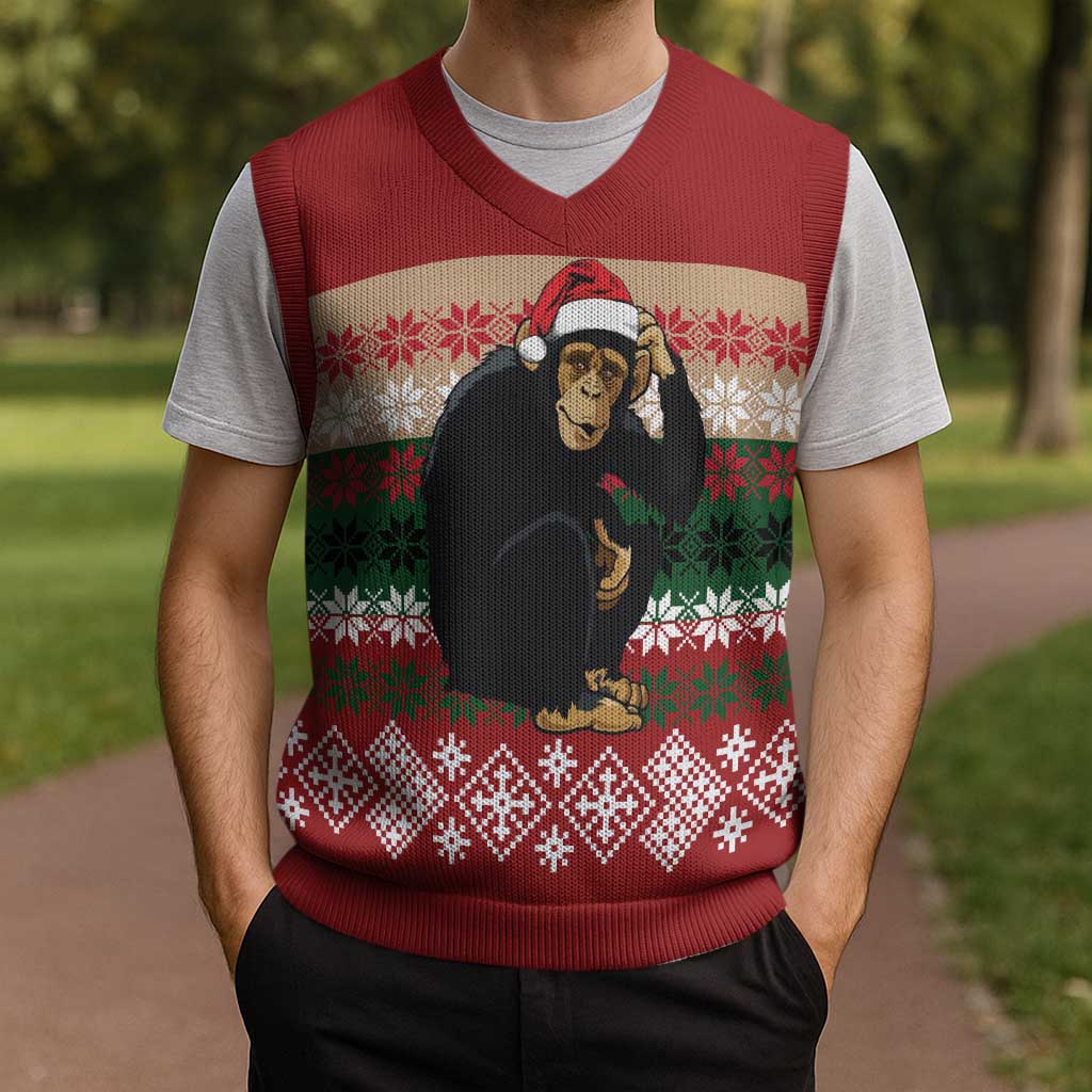 Chimpanzee Christmas Knitted V-Neck Vest Chimpanzee Wearing Santa Hat - Red Green Snowflake - Wonder Print Shop