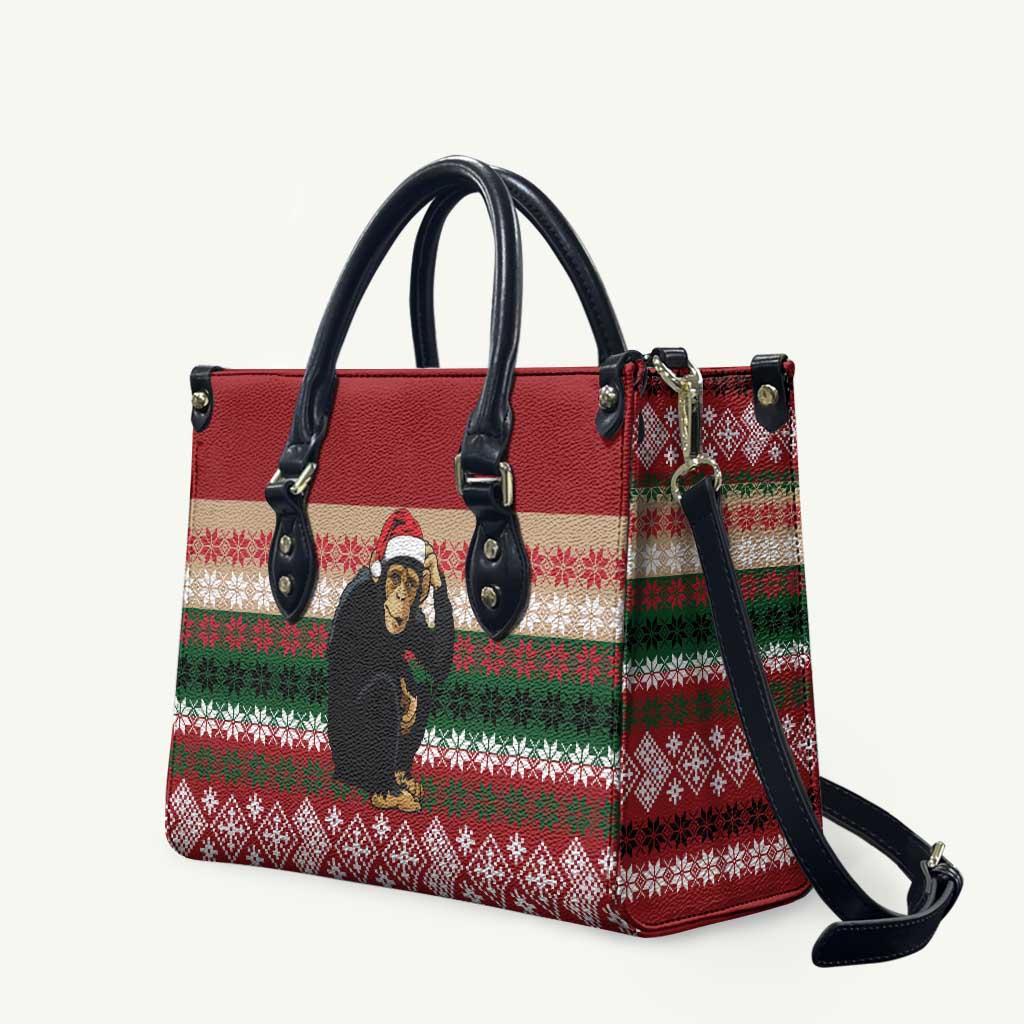 Chimpanzee Christmas Leather Bag Chimpanzee Wearing Santa Hat - Red Green Snowflake - Wonder Print Shop