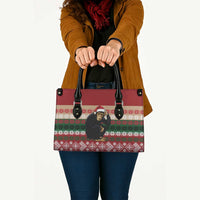 Chimpanzee Christmas Leather Bag Chimpanzee Wearing Santa Hat - Red Green Snowflake - Wonder Print Shop