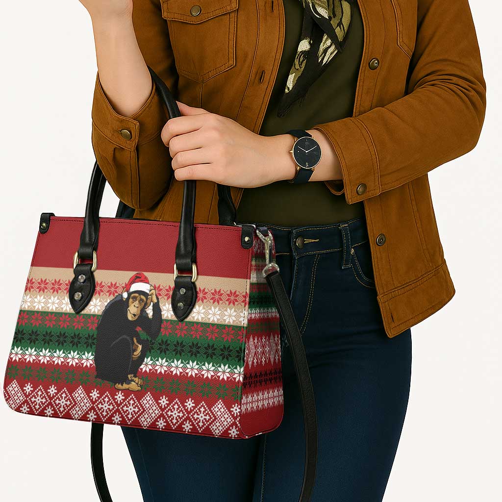 Chimpanzee Christmas Leather Bag Chimpanzee Wearing Santa Hat - Red Green Snowflake - Wonder Print Shop