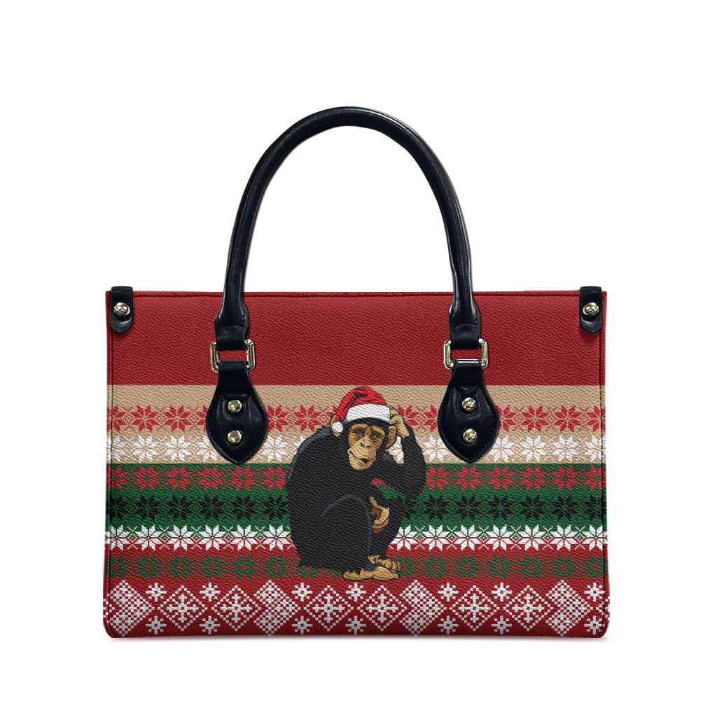 Chimpanzee Christmas Leather Bag Chimpanzee Wearing Santa Hat - Red Green Snowflake - Wonder Print Shop