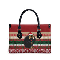 Chimpanzee Christmas Leather Bag Chimpanzee Wearing Santa Hat - Red Green Snowflake - Wonder Print Shop