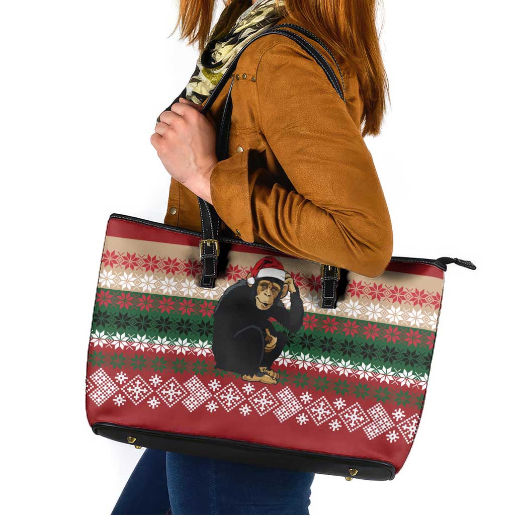 Chimpanzee Christmas Leather Tote Bag Chimpanzee Wearing Santa Hat - Red Green Snowflake - Wonder Print Shop