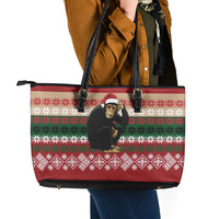 Chimpanzee Christmas Leather Tote Bag Chimpanzee Wearing Santa Hat - Red Green Snowflake - Wonder Print Shop