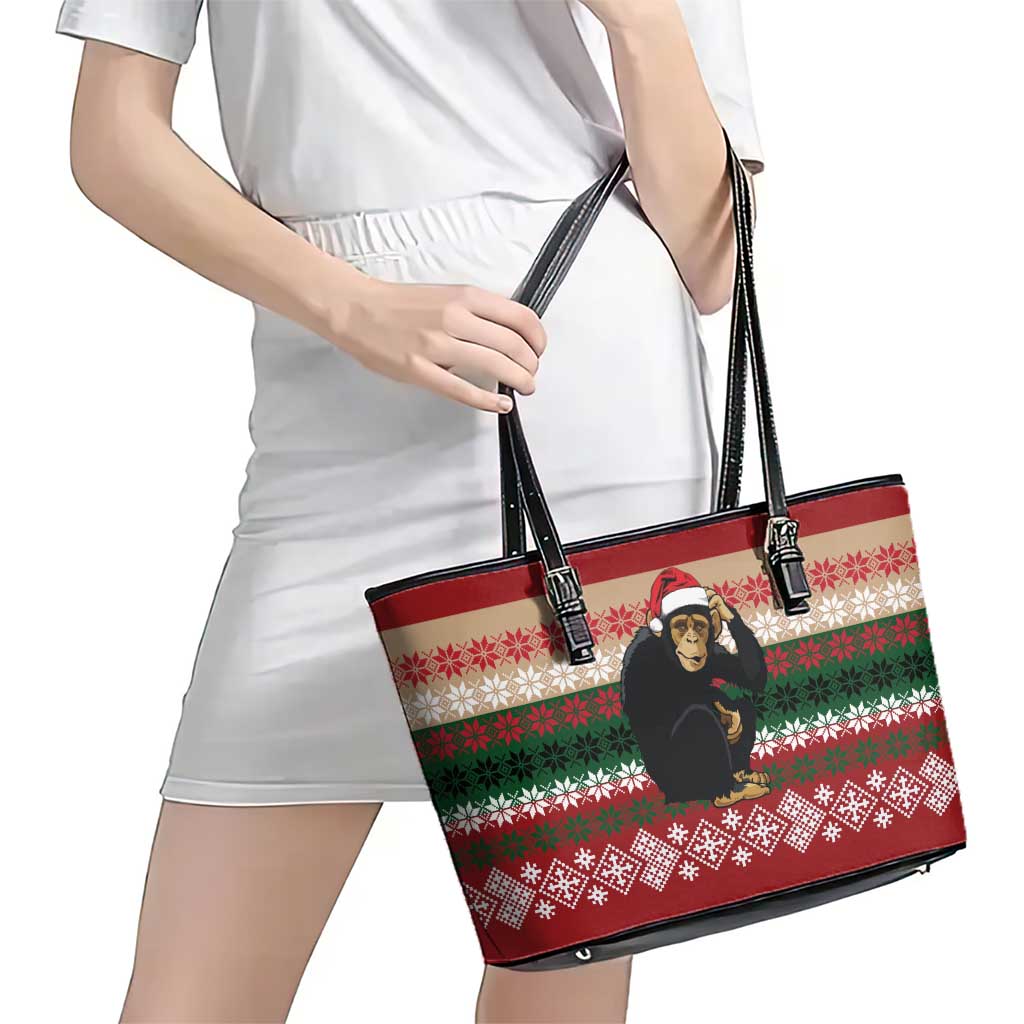 Chimpanzee Christmas Leather Tote Bag Chimpanzee Wearing Santa Hat - Red Green Snowflake - Wonder Print Shop