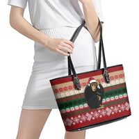 Chimpanzee Christmas Leather Tote Bag Chimpanzee Wearing Santa Hat - Red Green Snowflake - Wonder Print Shop