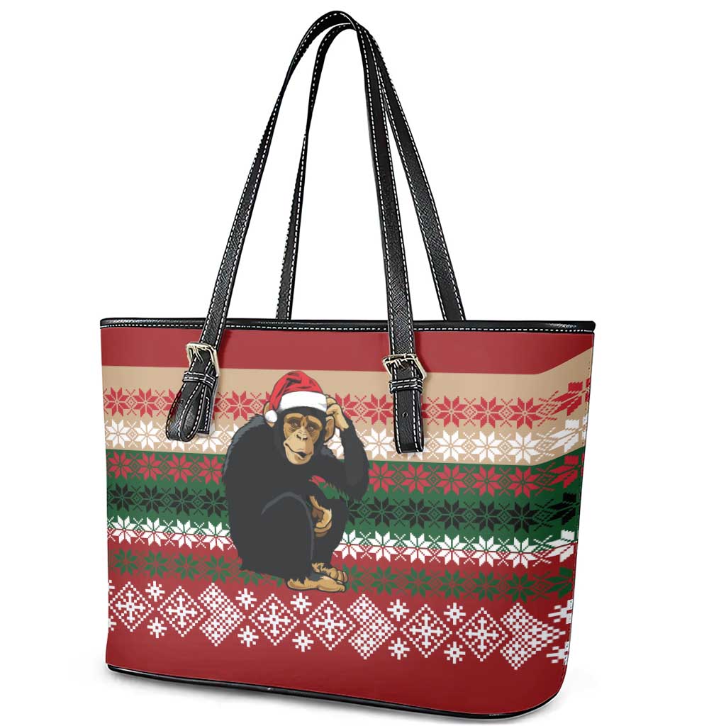 Chimpanzee Christmas Leather Tote Bag Chimpanzee Wearing Santa Hat - Red Green Snowflake - Wonder Print Shop