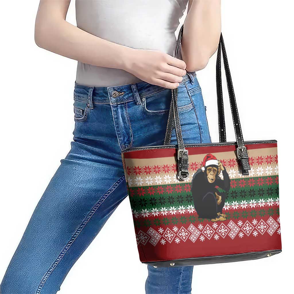 Chimpanzee Christmas Leather Tote Bag Chimpanzee Wearing Santa Hat - Red Green Snowflake - Wonder Print Shop