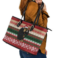 Chimpanzee Christmas Leather Tote Bag Chimpanzee Wearing Santa Hat - Red Green Snowflake - Wonder Print Shop