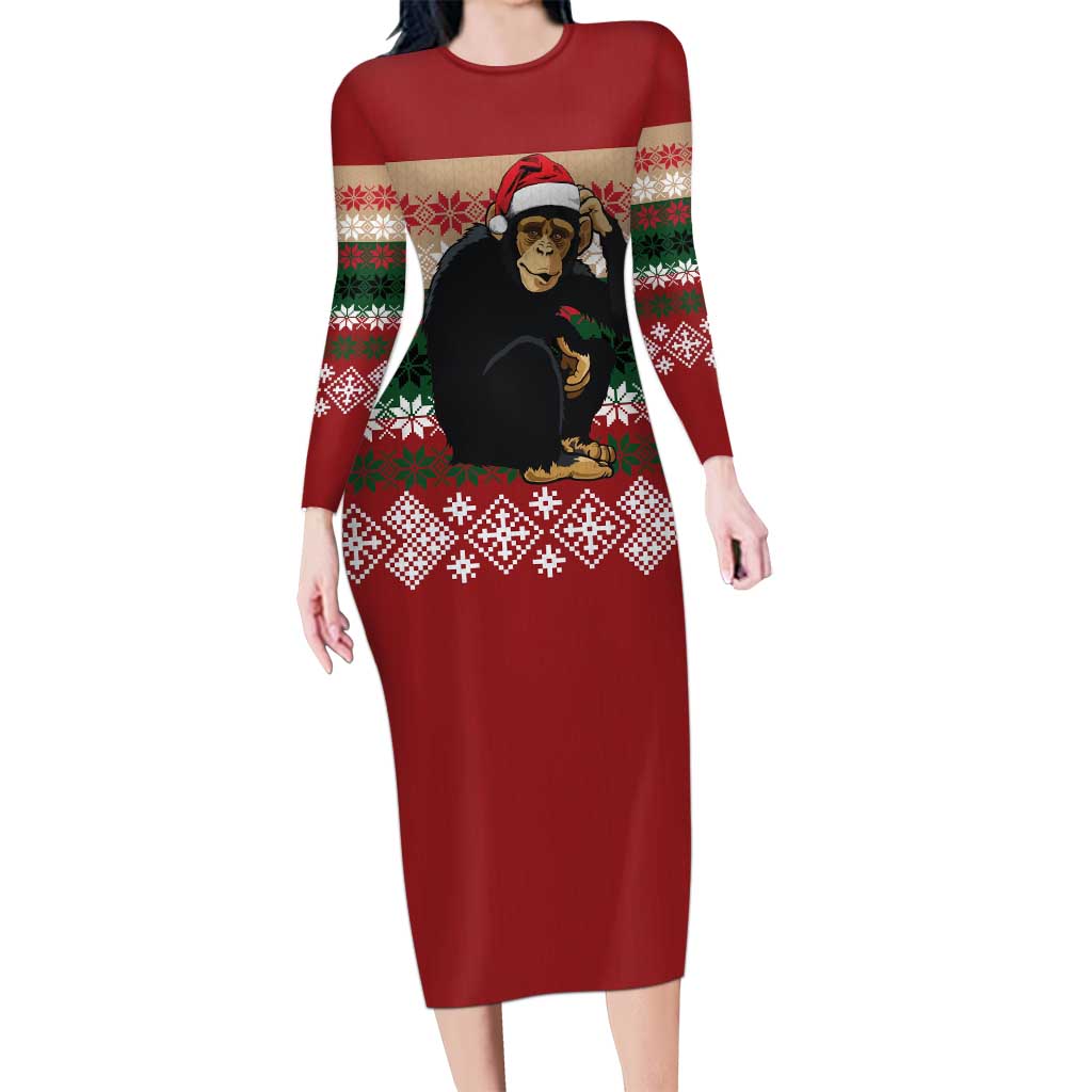 Chimpanzee Christmas Long Sleeve Bodycon Dress Chimpanzee Wearing Santa Hat - Red Green Snowflake - Wonder Print Shop