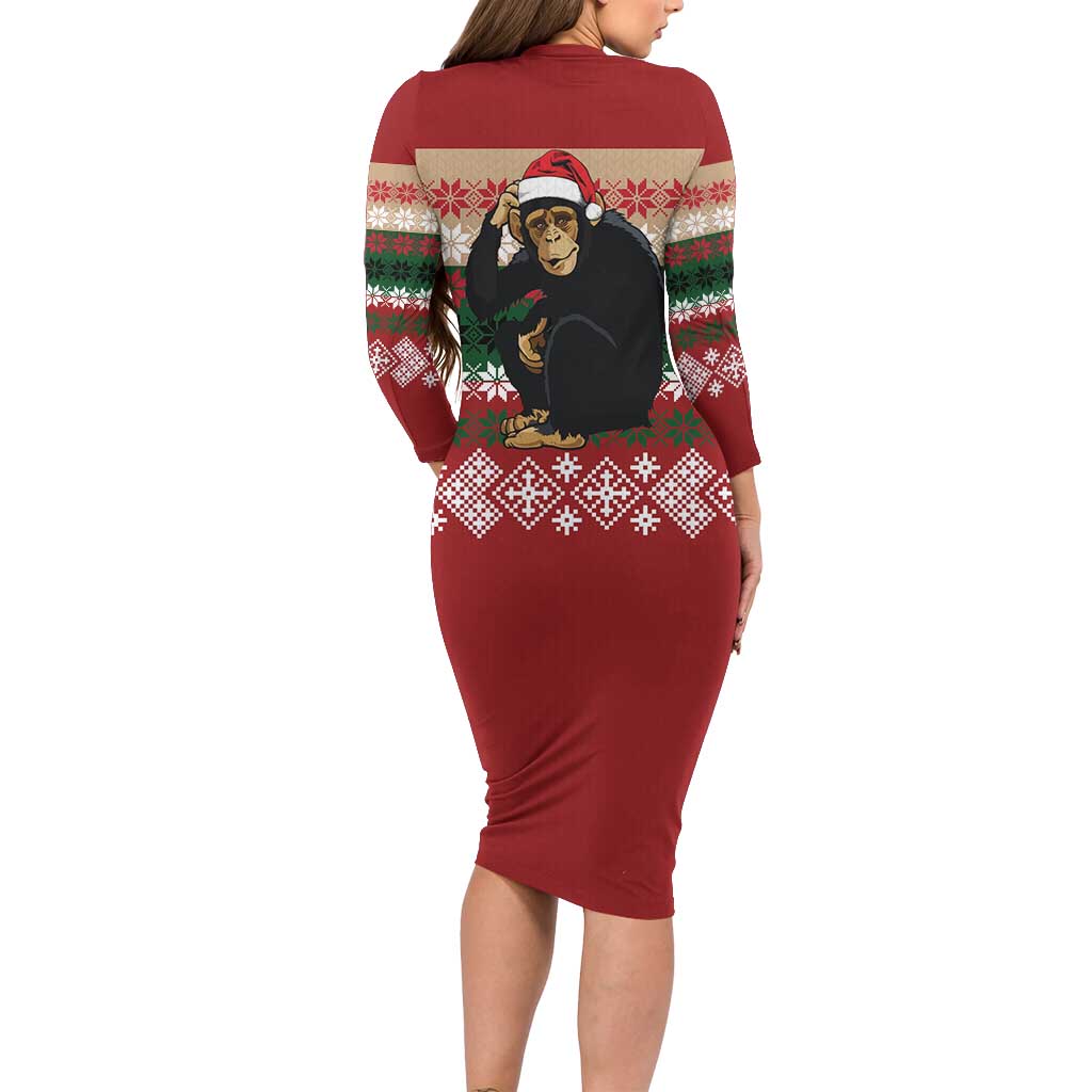 Chimpanzee Christmas Long Sleeve Bodycon Dress Chimpanzee Wearing Santa Hat - Red Green Snowflake - Wonder Print Shop