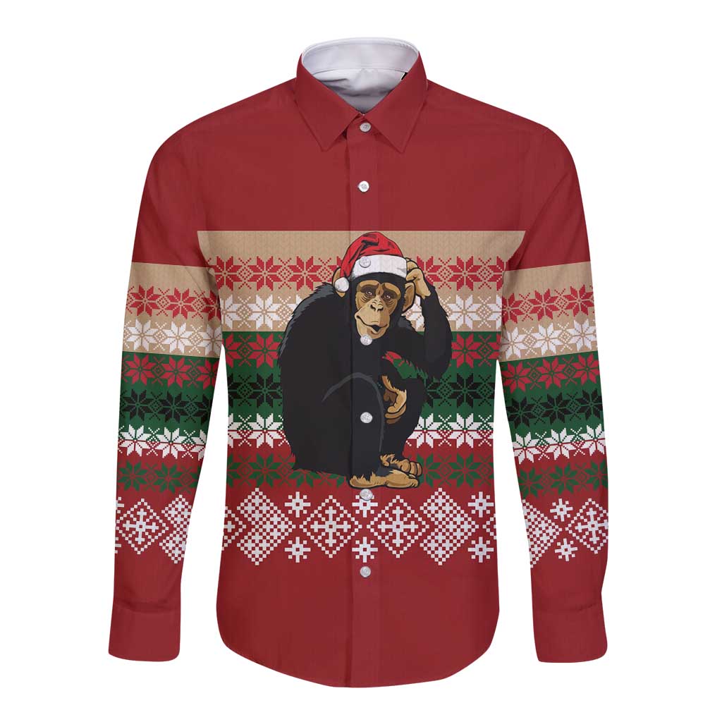 Chimpanzee Christmas Long Sleeve Button Shirt Chimpanzee Wearing Santa Hat - Red Green Snowflake - Wonder Print Shop