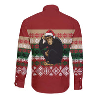 Chimpanzee Christmas Long Sleeve Button Shirt Chimpanzee Wearing Santa Hat - Red Green Snowflake - Wonder Print Shop