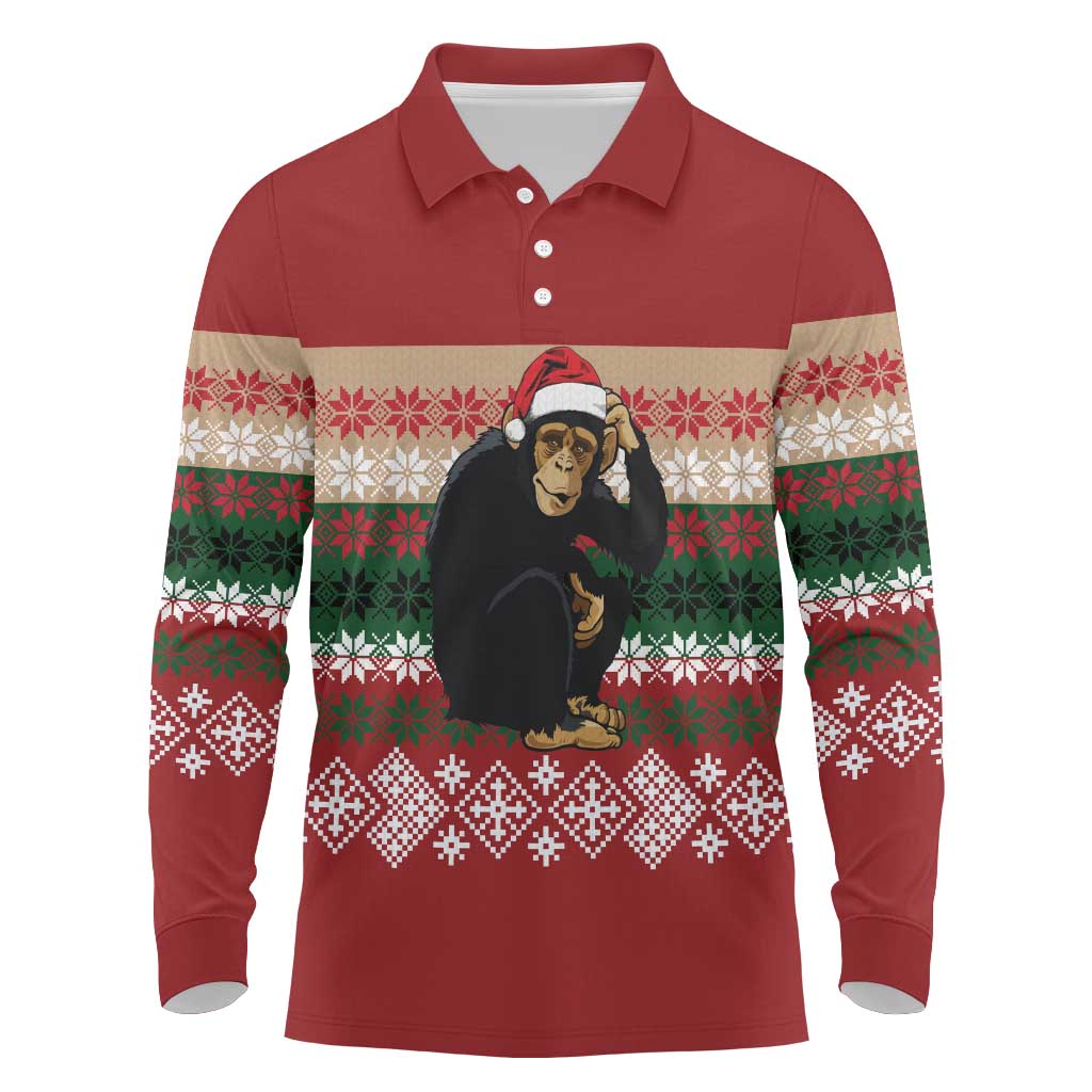 Chimpanzee Christmas Long Sleeve Polo Shirt Chimpanzee Wearing Santa Hat - Red Green Snowflake - Wonder Print Shop