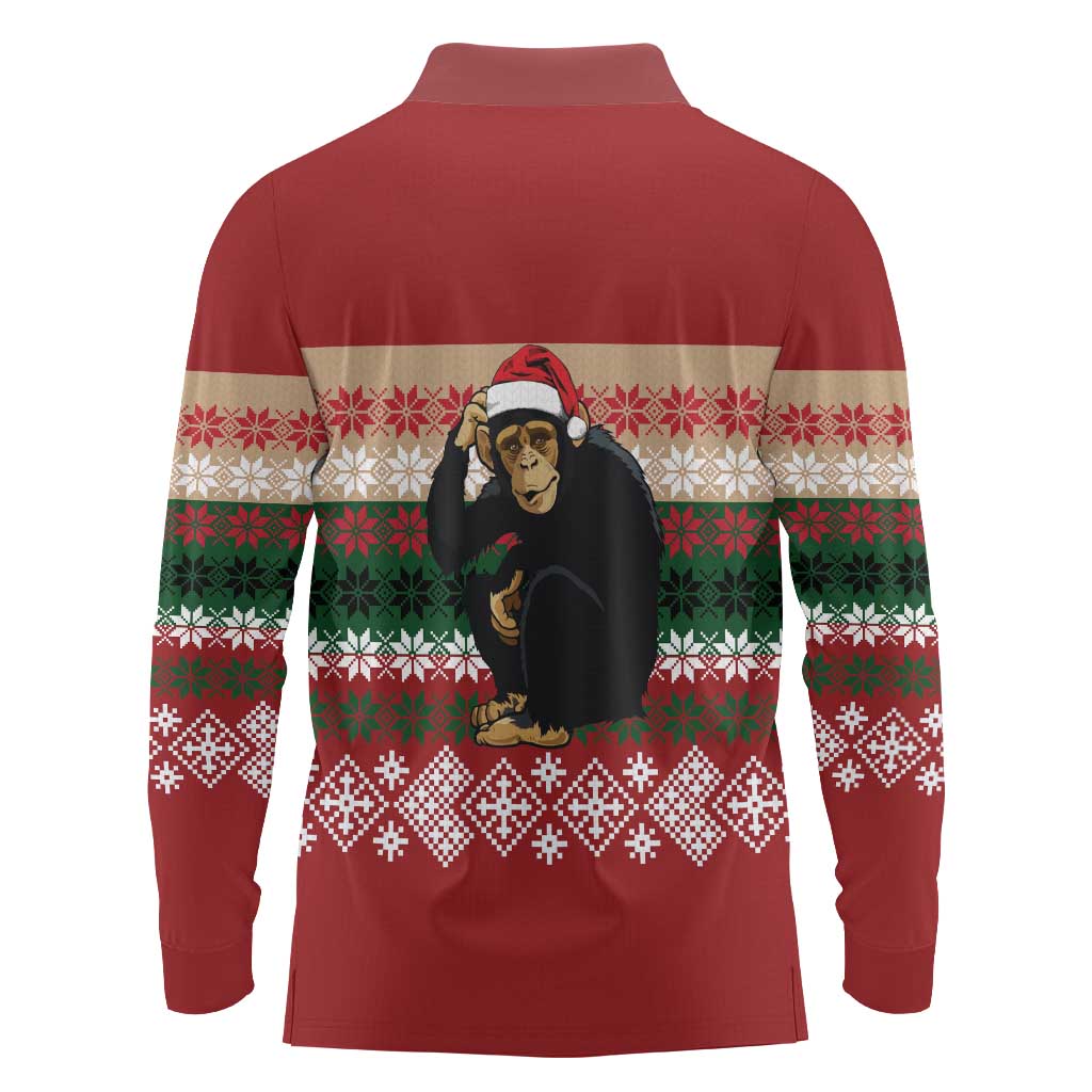 Chimpanzee Christmas Long Sleeve Polo Shirt Chimpanzee Wearing Santa Hat - Red Green Snowflake - Wonder Print Shop