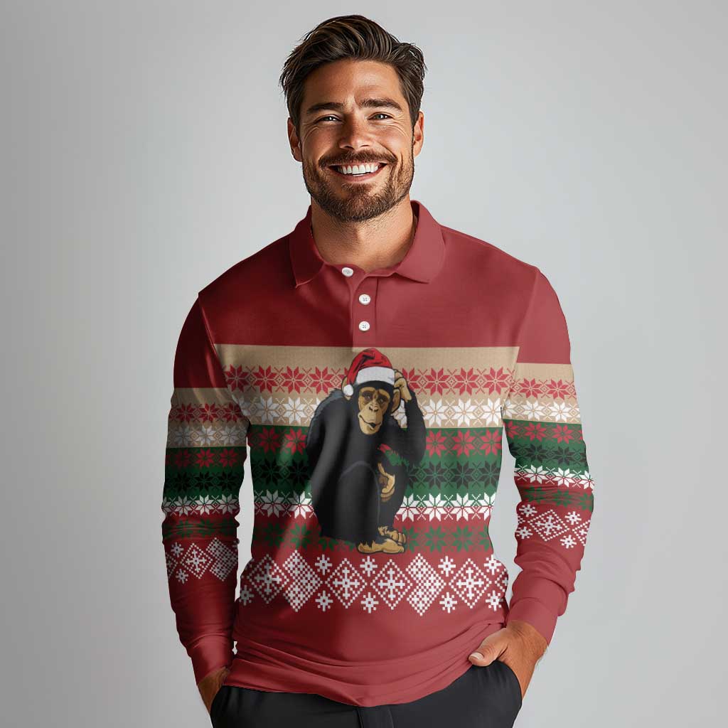 Chimpanzee Christmas Long Sleeve Polo Shirt Chimpanzee Wearing Santa Hat - Red Green Snowflake - Wonder Print Shop