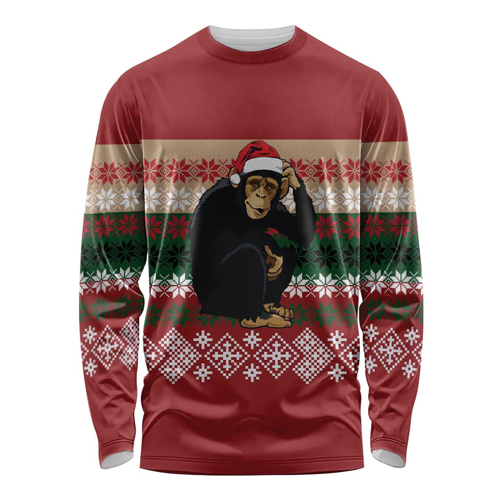 Chimpanzee Christmas Long Sleeve Shirt Chimpanzee Wearing Santa Hat - Red Green Snowflake - Wonder Print Shop