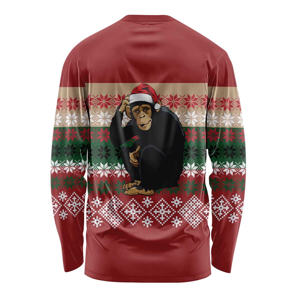 Chimpanzee Christmas Long Sleeve Shirt Chimpanzee Wearing Santa Hat - Red Green Snowflake - Wonder Print Shop