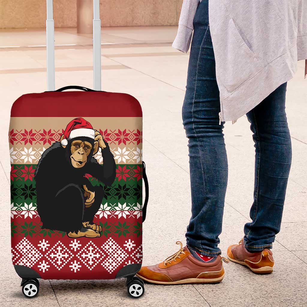Chimpanzee Christmas Luggage Cover Chimpanzee Wearing Santa Hat - Red Green Snowflake - Wonder Print Shop