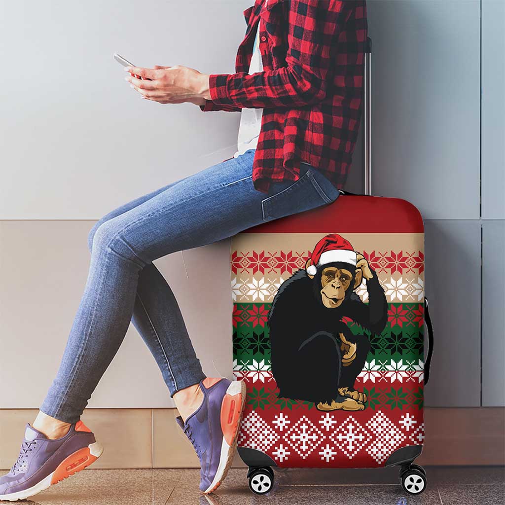Chimpanzee Christmas Luggage Cover Chimpanzee Wearing Santa Hat - Red Green Snowflake - Wonder Print Shop