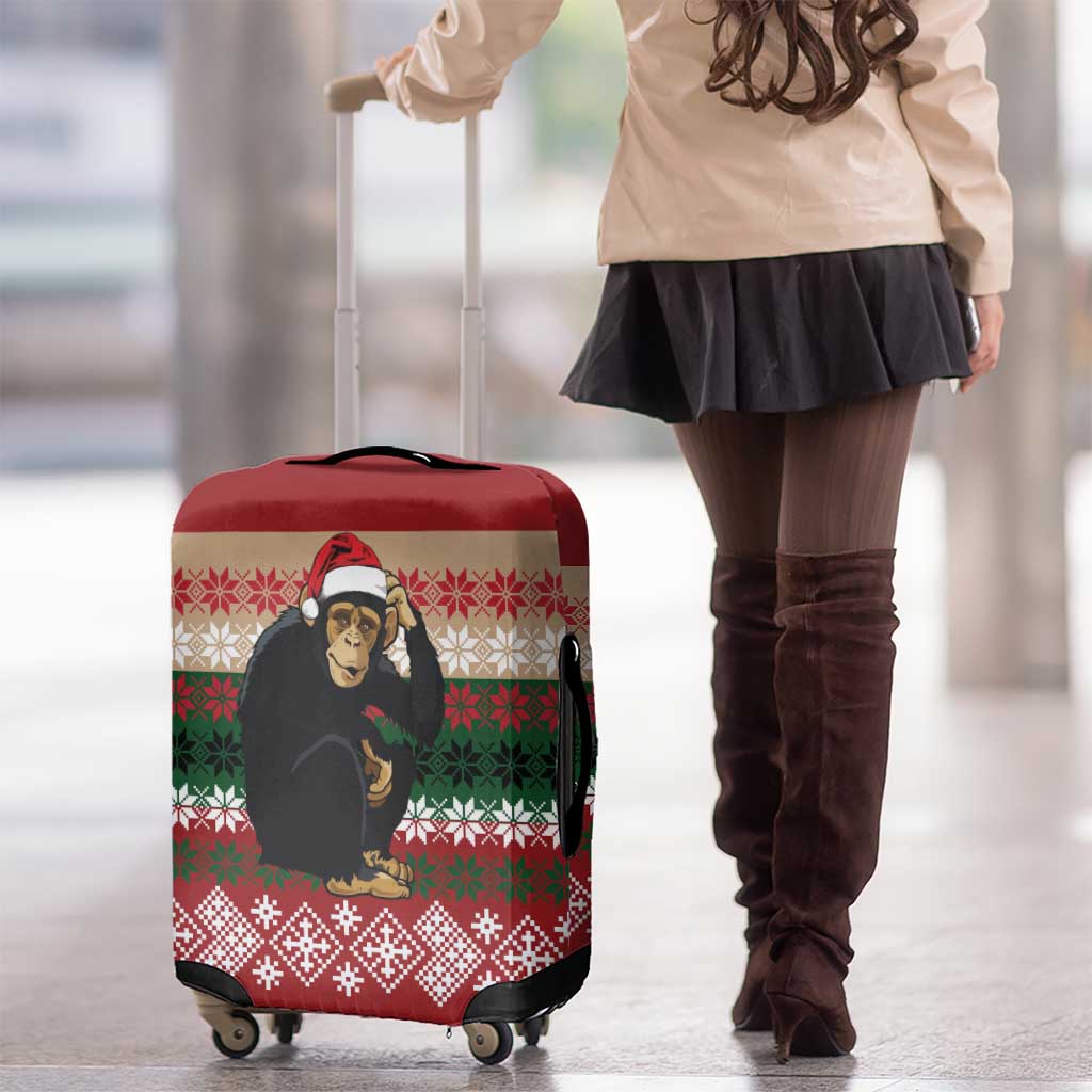 Chimpanzee Christmas Luggage Cover Chimpanzee Wearing Santa Hat - Red Green Snowflake - Wonder Print Shop