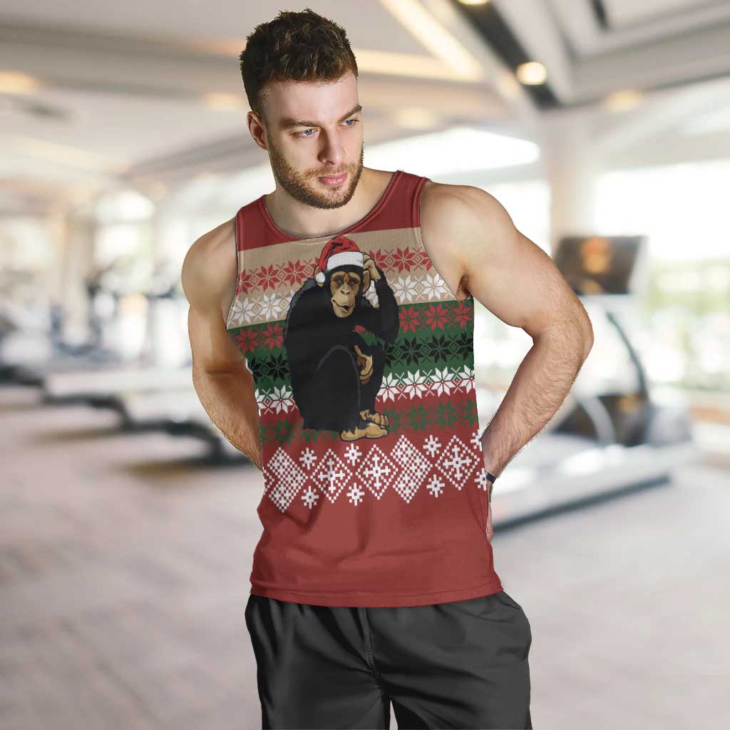 Chimpanzee Christmas Men Tank Top Chimpanzee Wearing Santa Hat - Red Green Snowflake - Wonder Print Shop