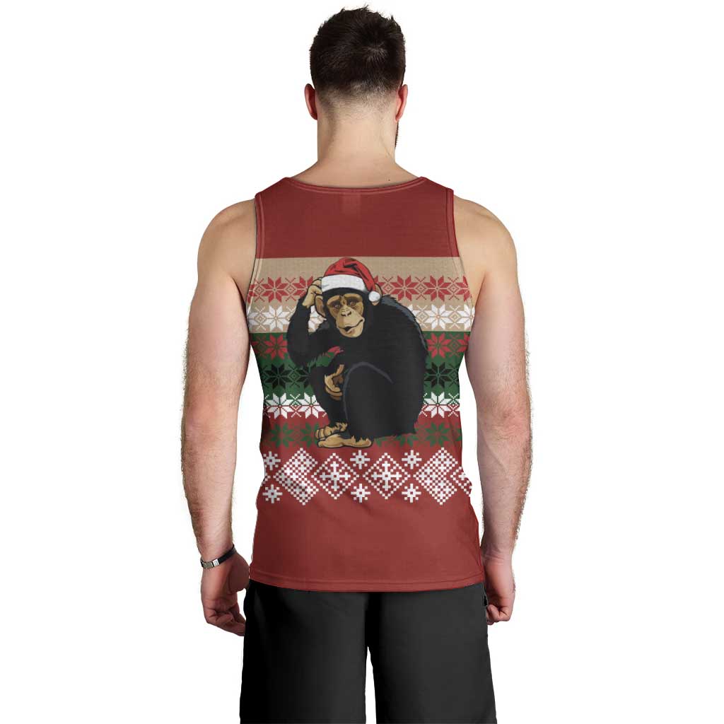 Chimpanzee Christmas Men Tank Top Chimpanzee Wearing Santa Hat - Red Green Snowflake - Wonder Print Shop