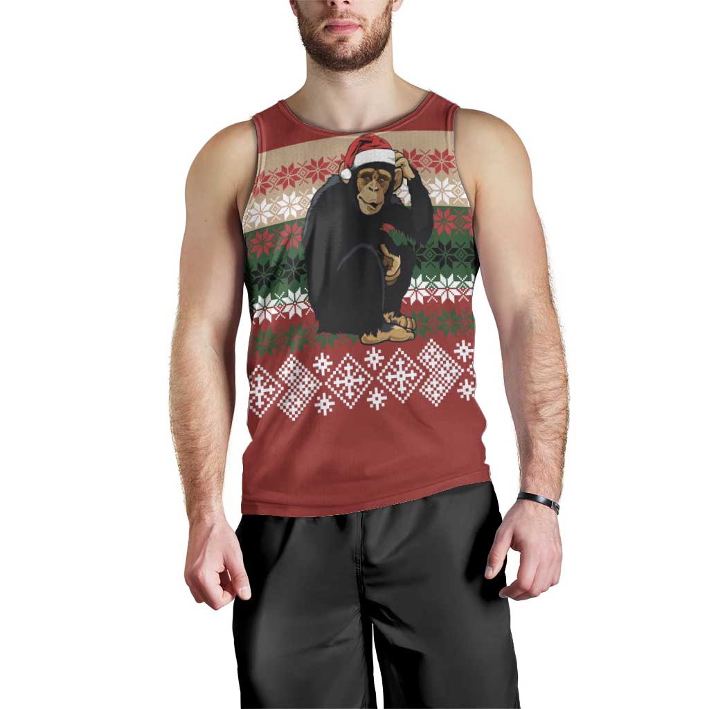 Chimpanzee Christmas Men Tank Top Chimpanzee Wearing Santa Hat - Red Green Snowflake - Wonder Print Shop