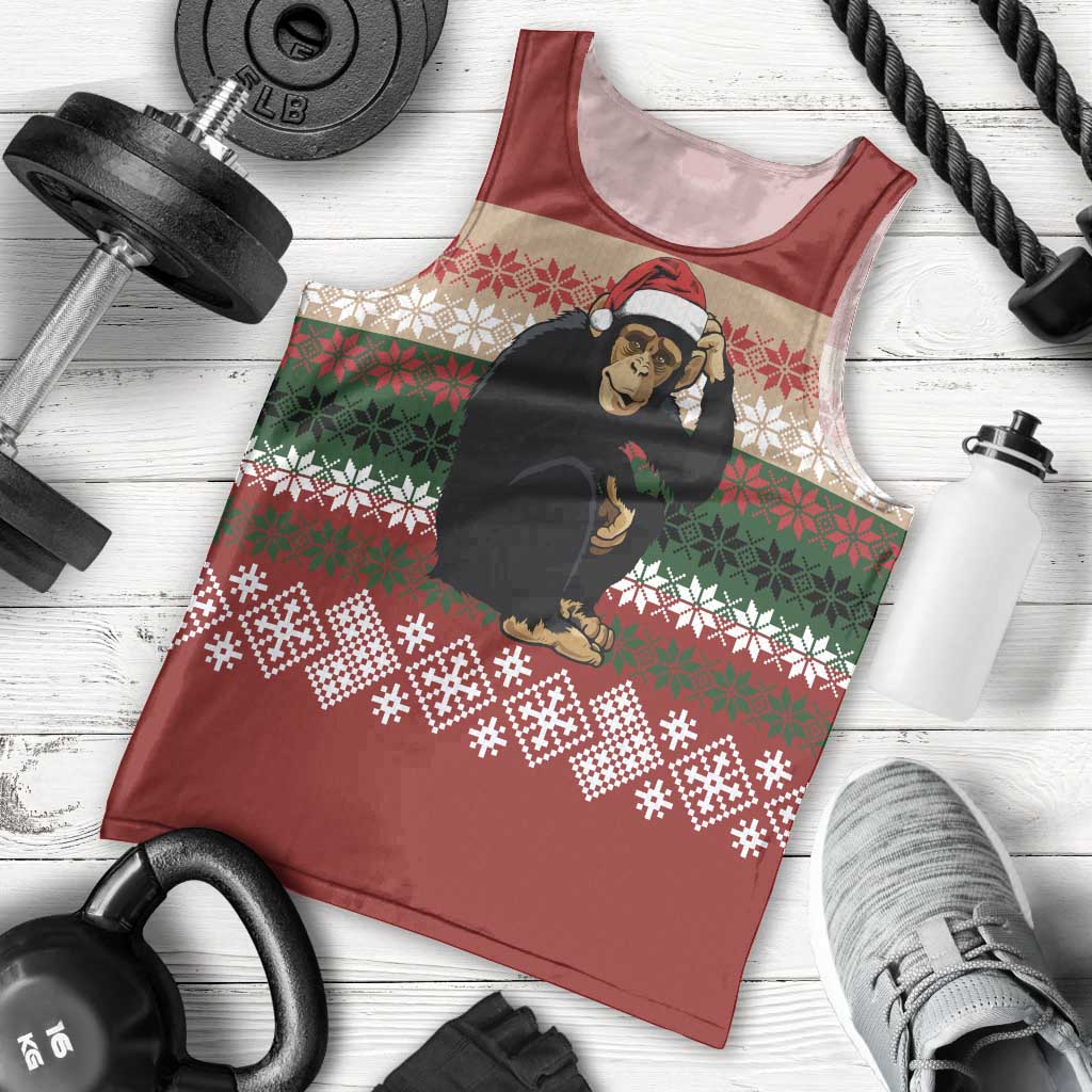 Chimpanzee Christmas Men Tank Top Chimpanzee Wearing Santa Hat - Red Green Snowflake - Wonder Print Shop
