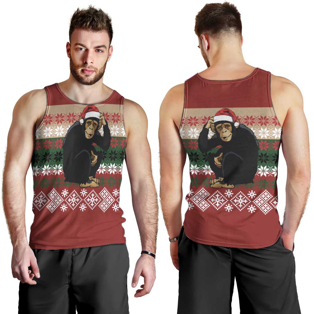 Chimpanzee Christmas Men Tank Top Chimpanzee Wearing Santa Hat - Red Green Snowflake - Wonder Print Shop