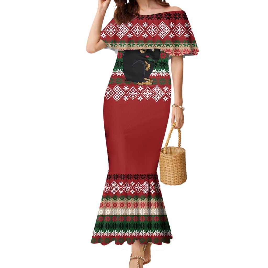 Chimpanzee Christmas Mermaid Dress Chimpanzee Wearing Santa Hat - Red Green Snowflake - Wonder Print Shop