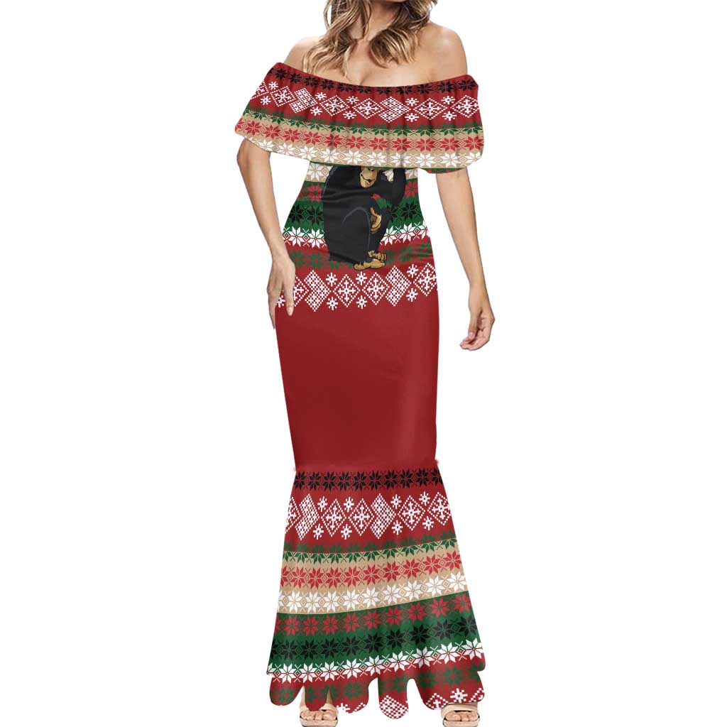 Chimpanzee Christmas Mermaid Dress Chimpanzee Wearing Santa Hat - Red Green Snowflake - Wonder Print Shop
