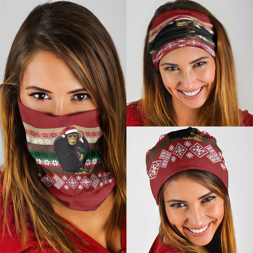 Chimpanzee Christmas Neck Gaiter Chimpanzee Wearing Santa Hat - Red Green Snowflake - Wonder Print Shop