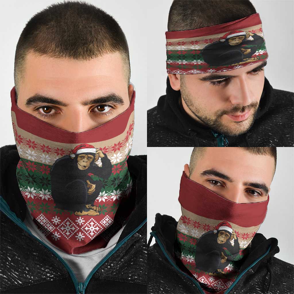 Chimpanzee Christmas Neck Gaiter Chimpanzee Wearing Santa Hat - Red Green Snowflake - Wonder Print Shop