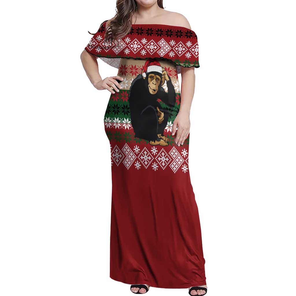 Chimpanzee Christmas Off Shoulder Maxi Dress Chimpanzee Wearing Santa Hat - Red Green Snowflake - Wonder Print Shop
