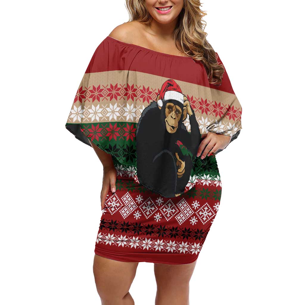 Chimpanzee Christmas Off Shoulder Short Dress Chimpanzee Wearing Santa Hat - Red Green Snowflake - Wonder Print Shop