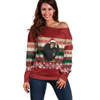 Chimpanzee Christmas Off Shoulder Sweater Chimpanzee Wearing Santa Hat - Red Green Snowflake - Wonder Print Shop