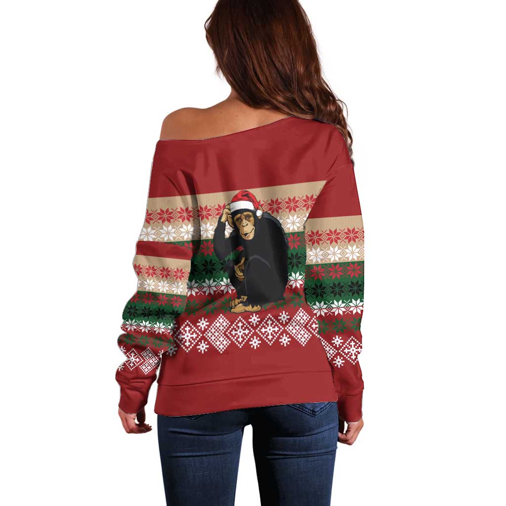 Chimpanzee Christmas Off Shoulder Sweater Chimpanzee Wearing Santa Hat - Red Green Snowflake - Wonder Print Shop
