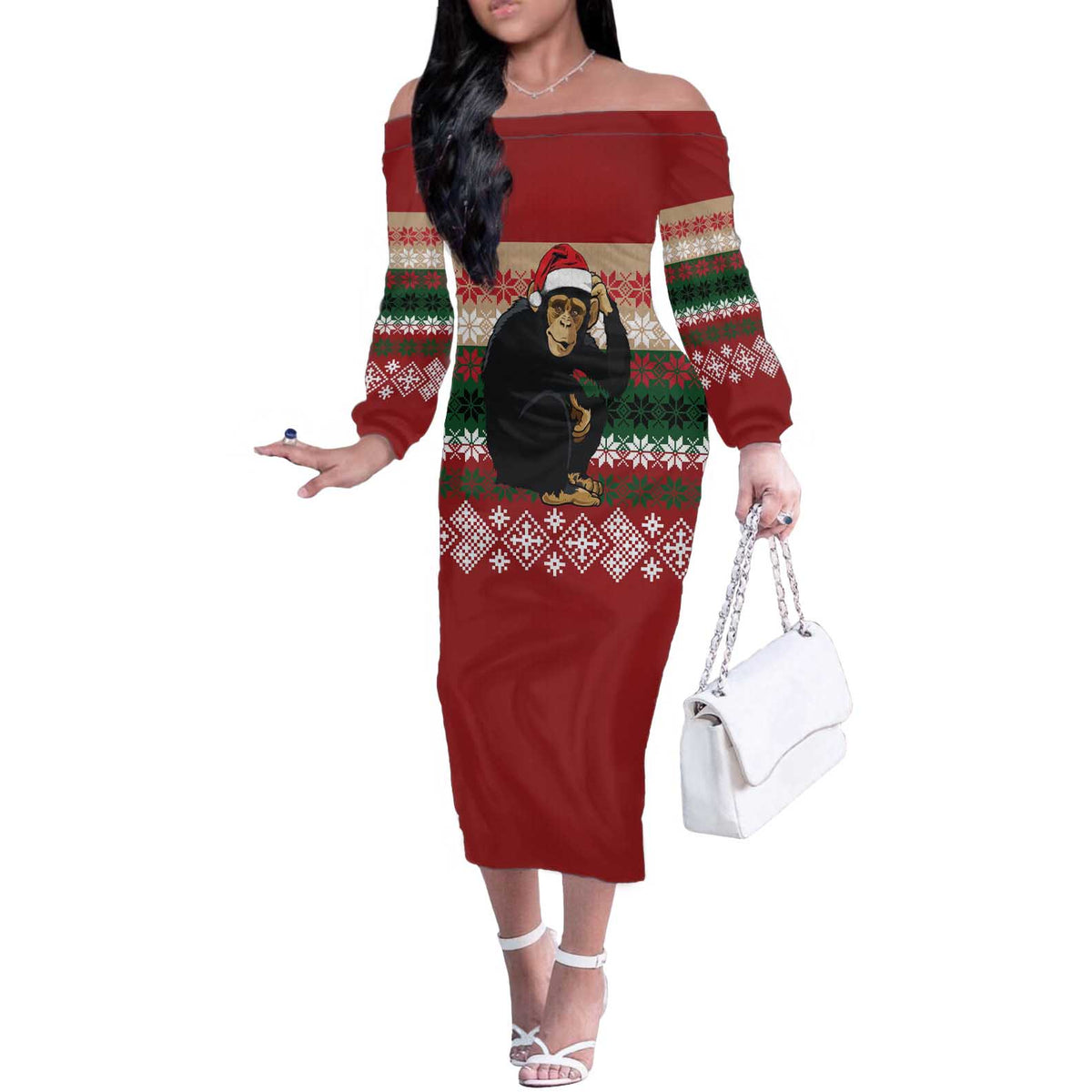 Chimpanzee Christmas Off The Shoulder Long Sleeve Dress Chimpanzee Wearing Santa Hat - Red Green Snowflake - Wonder Print Shop