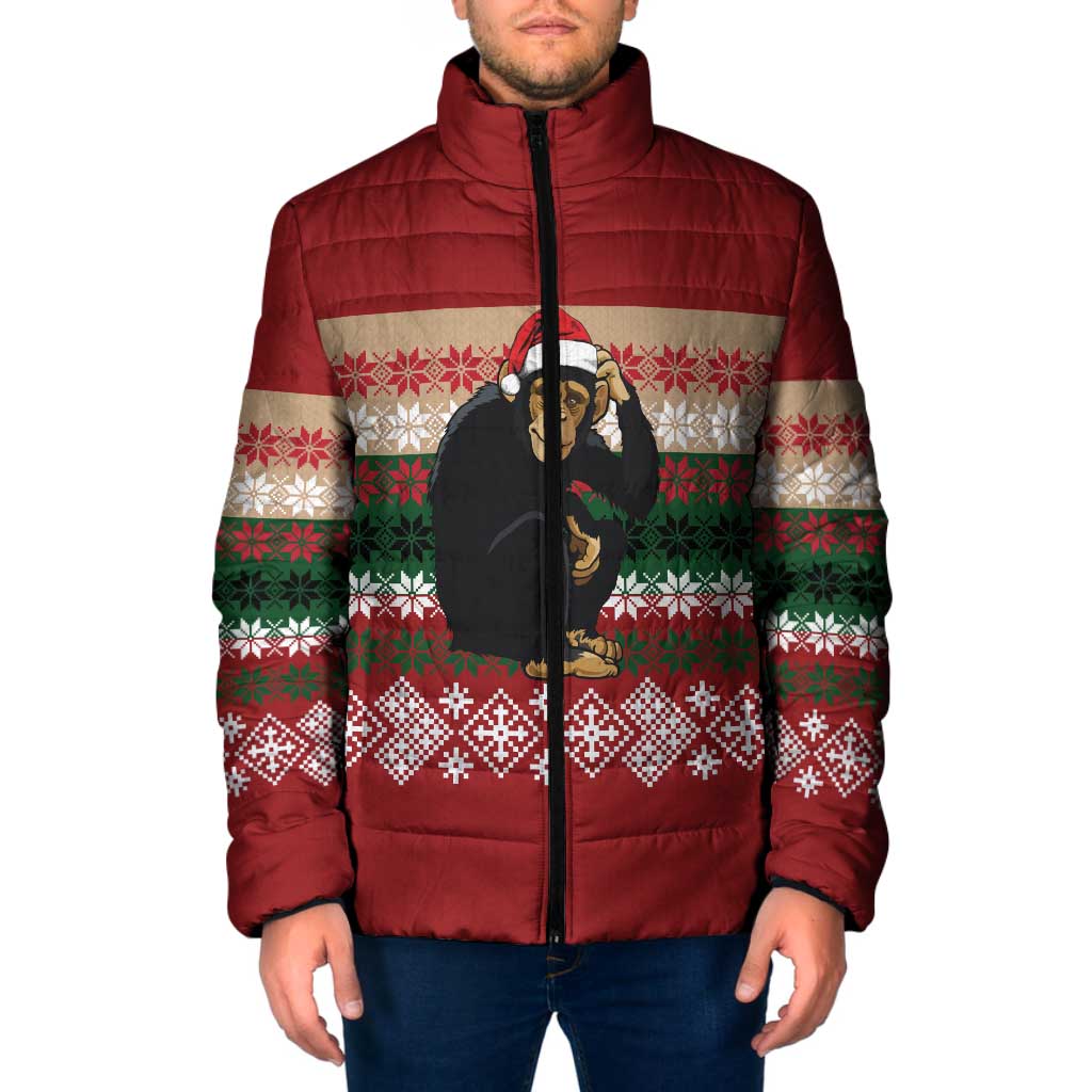 Chimpanzee Christmas Padded Jacket Chimpanzee Wearing Santa Hat - Red Green Snowflake - Wonder Print Shop
