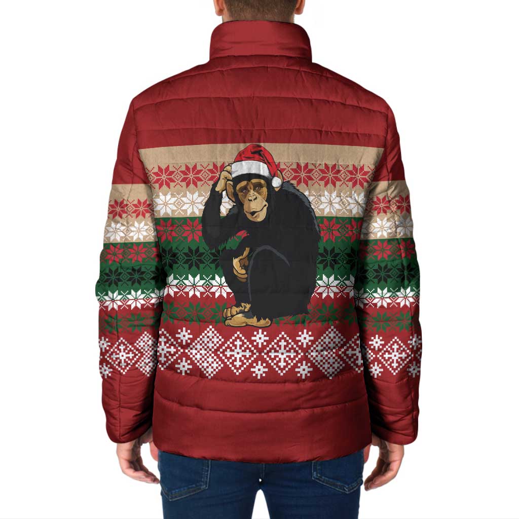 Chimpanzee Christmas Padded Jacket Chimpanzee Wearing Santa Hat - Red Green Snowflake - Wonder Print Shop