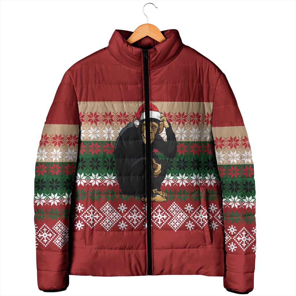 Chimpanzee Christmas Padded Jacket Chimpanzee Wearing Santa Hat - Red Green Snowflake - Wonder Print Shop