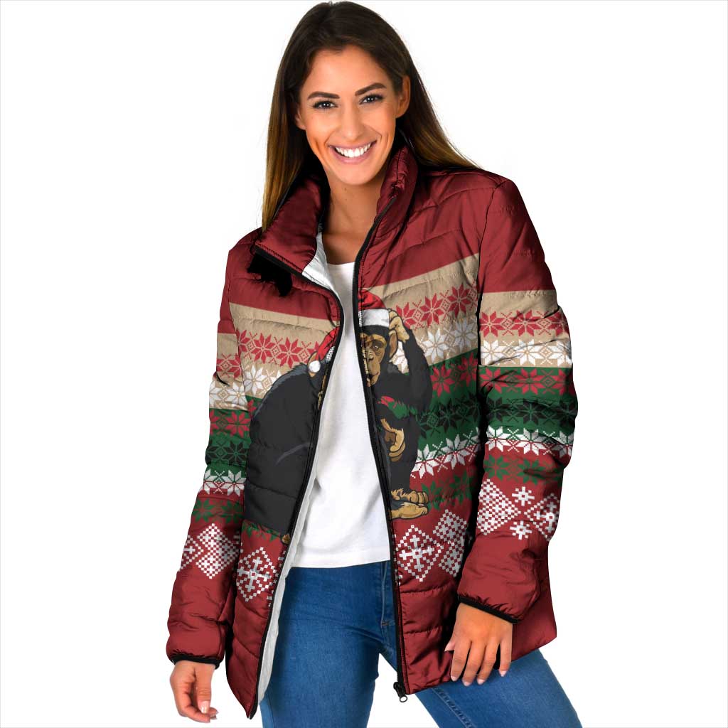 Chimpanzee Christmas Padded Jacket Chimpanzee Wearing Santa Hat - Red Green Snowflake - Wonder Print Shop