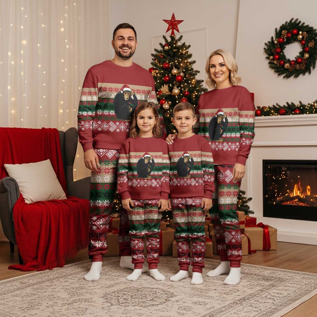 Chimpanzee Christmas Pajama Set Chimpanzee Wearing Santa Hat - Red Green Snowflake - Wonder Print Shop