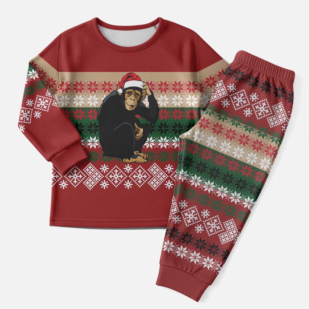 Chimpanzee Christmas Pajama Set Chimpanzee Wearing Santa Hat - Red Green Snowflake - Wonder Print Shop