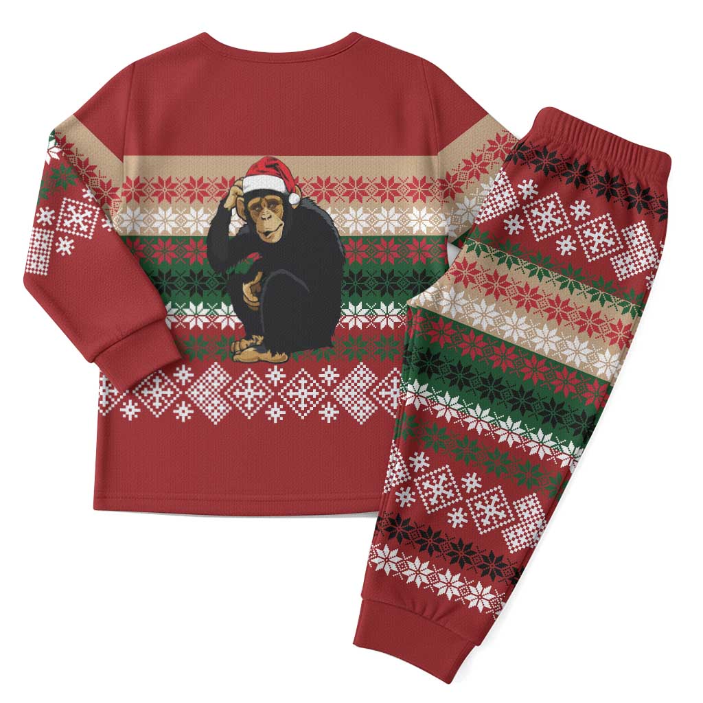 Chimpanzee Christmas Pajama Set Chimpanzee Wearing Santa Hat - Red Green Snowflake - Wonder Print Shop