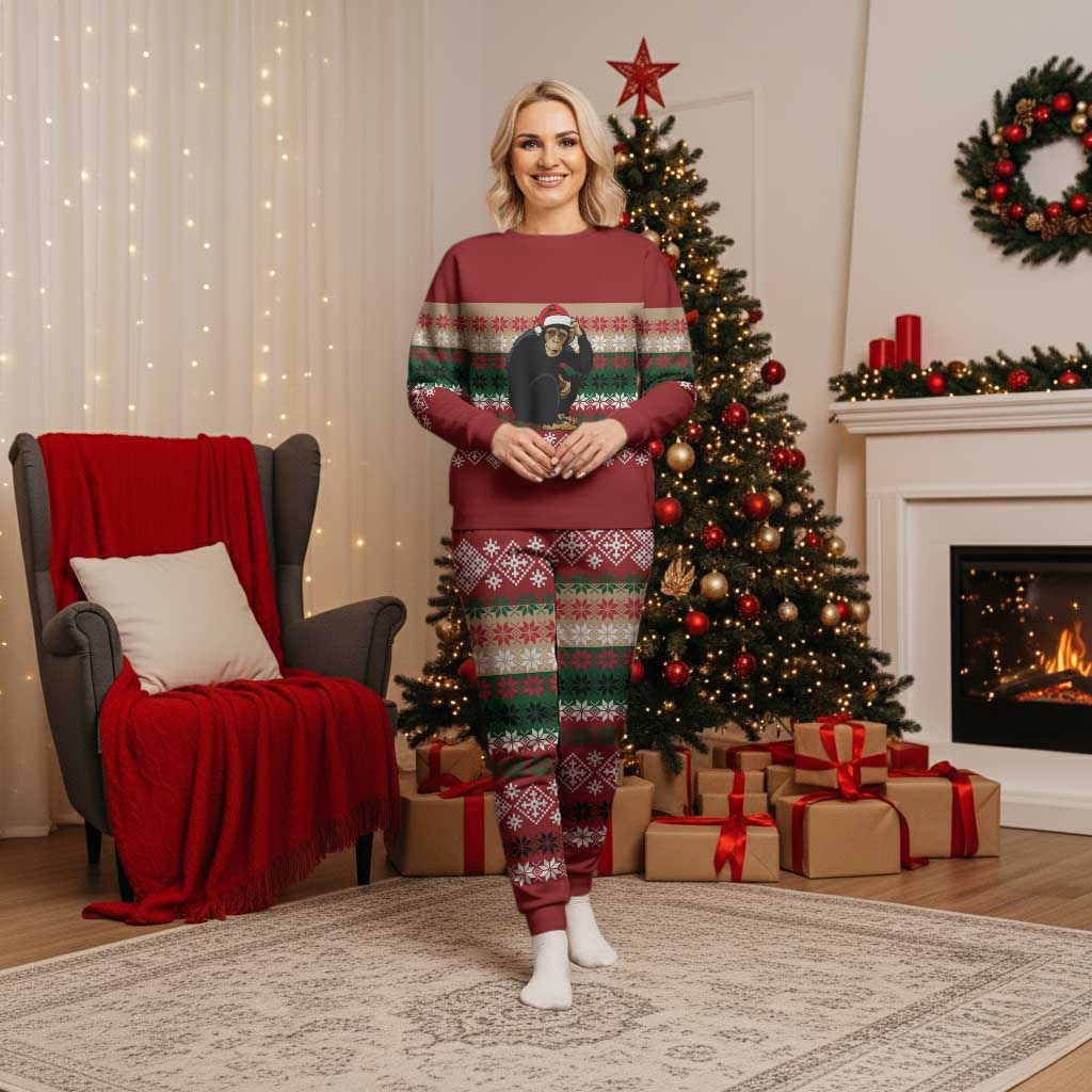 Chimpanzee Christmas Pajama Set Chimpanzee Wearing Santa Hat - Red Green Snowflake - Wonder Print Shop