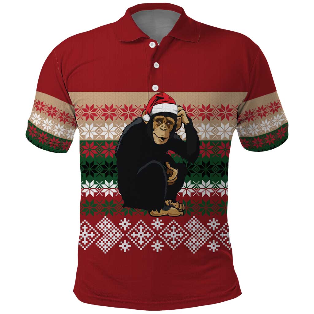 Chimpanzee Christmas Polo Shirt Chimpanzee Wearing Santa Hat - Red Green Snowflake - Wonder Print Shop